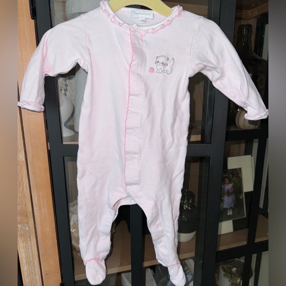 Magnolia Baby girl footies onesie kitty cat embroidered sleeper ruffles snaps